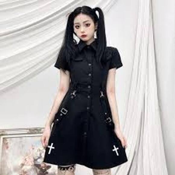 Snap front womens dress measures M cross, goth emo grunge nun missing straps - Picture 2 of 11